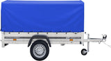 UNITRAILER Car Trailer 230 x 125 cm Garden Trailer 230 Tilting 750 kg with Jockey Wheel, Blue Tarpaulin and High Arrow
