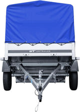 UNITRAILER Car Trailer 230 x 125 cm Garden Trailer 230 Tilting 750 kg with Jockey Wheel, Blue Tarpaulin and High Arrow