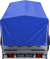 UNITRAILER Car Trailer 230 x 125 cm Garden Trailer 230 Tilting 750 kg with Jockey Wheel, Blue Tarpaulin and High Arrow