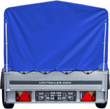 UNITRAILER Car Trailer 230 x 125 cm Garden Trailer 230 Tilting 750 kg with Jockey Wheel, Blue Tarpaulin and High Arrow
